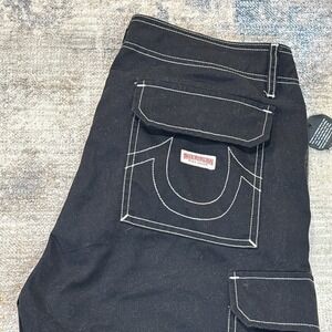 True Religion Women's Black Cargo Pants White Stitch Utility Size 33
